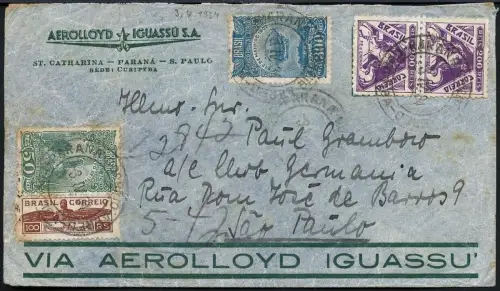 Brasilien 1934 Aerolloyd Iguassu Brief Parana Sao Paulo Flugpost / 947