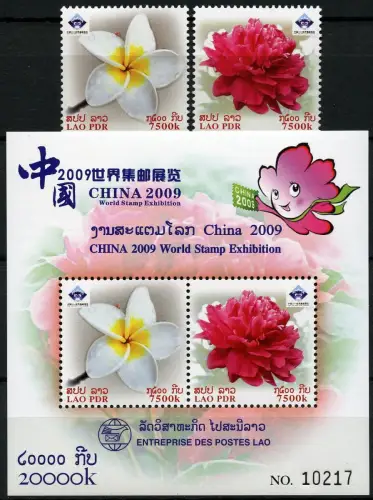 Laos Lao 2008 China Blumen Frangipani Pfingstrose 2119-2120 Block 213 A MNH