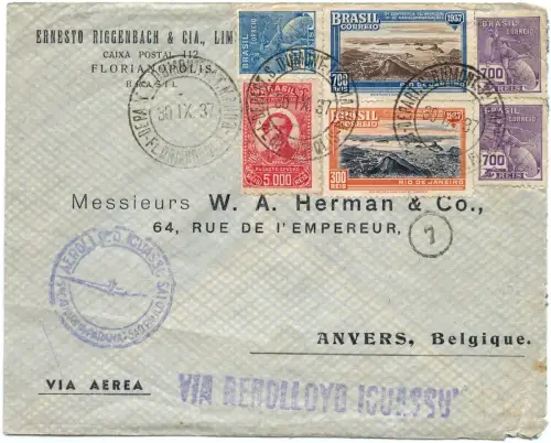 Brasilien 1937 Aerolloyd Iguassu Florianopolis Anvers Belgien Brief / 2044