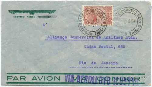 Brasilien 1934 Aerolloyd Iguassu Curitiba Rio de Janeiro Brief / 2045