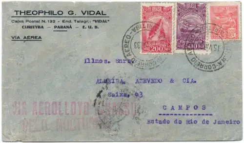 Brasilien 1933 Aerolloyd Iguassu Curitiba Campos Rio Früher Brief / 2046