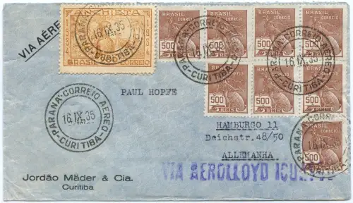 Brasilien 1935 Aerolloyd Iguassu Curitiba Hamburg Deutschland Brief / 2047