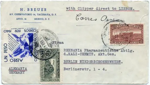 Mexico 1940 Flugpost Brief New York US-Clipper Lissabon Rom Berlin Zensur / 2050