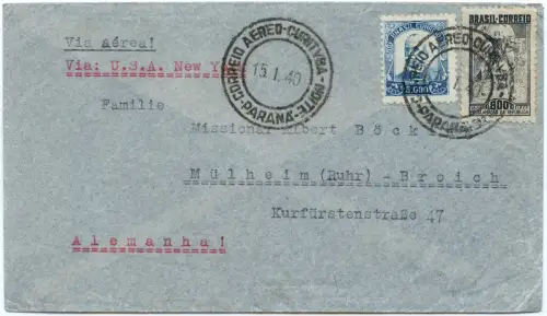 Brasilien 1940 Flugpost via New York US Clipper Lissabon Rom Mülheim Broich/2052