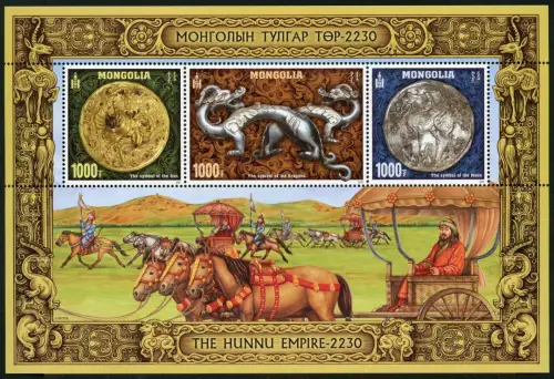 Mongolei 2021 Hunnen Drachen Mond- und Sonnensymbole Pferde Geschichte MNH