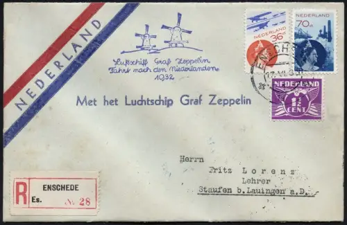 Zeppelin 1932 Fahrt Niederlande Reko-Brief Enschede Staufen Si 165 A / 1837