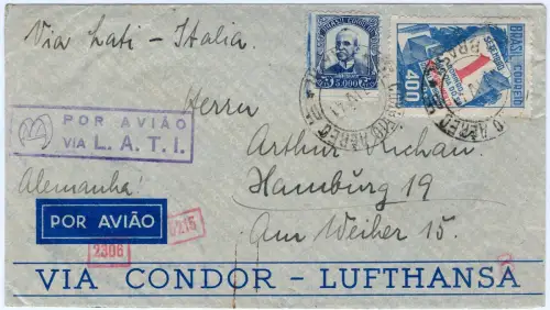 LATI 1941 Brasilien Brief 5400 R Rio Lissabon Rom Hamburg OKW Zensur / 2064