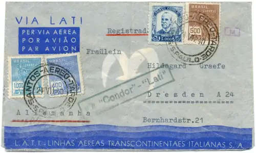 LATI 1940 Brasilien Brief 24.7.40 Santos Sao Paulo Dresden OKW Zensur / 2067