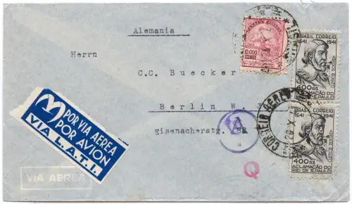 LATI 1941 Brasilien Brief 28.10.41 10800 R Rio Lissabon Rom Berlin Zensur / 2068