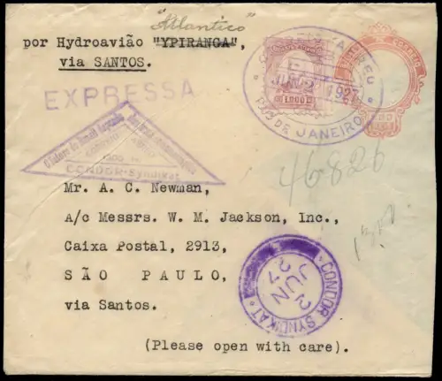 CONDOR 1927 Brasilien Ganzsache ZuF Dreieckstempel 1300 R Sao Paulo / 2069 RAR