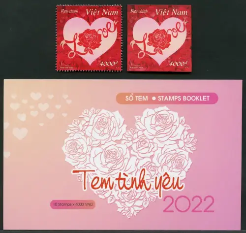 Vietnam 2022 Herz Love Grußmarke Rosen Heart Roses A/B & Markenheft MNH