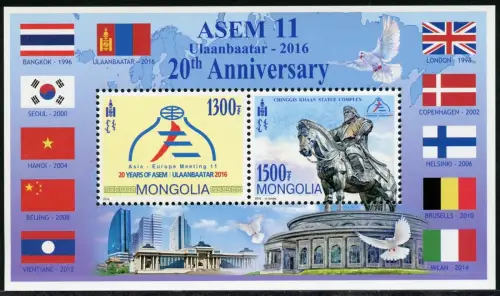 Mongolei Mongolia 2016 ASEM Flaggen Dschingis Khan Denkmal Taube Flags Block MNH