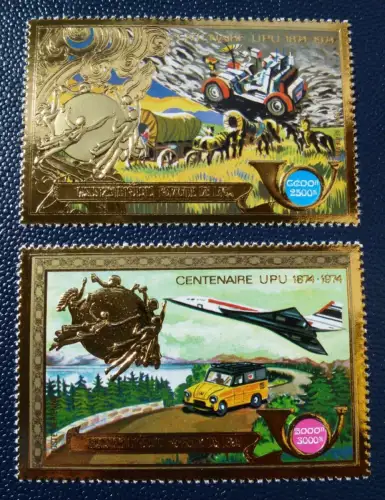 Laos 1975 UPU Postauto Concorde Mondauto Raumfahrt Treck Gold 411-412 A Perf MNH