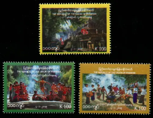 Myanmar Burma 2019 Unabhängigkeit Folklore Trachten Musik Tempel 463-465 MNH