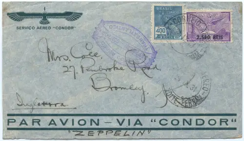 Zeppelin 1931 Brasilien 2. SAF Brief Flugpost-Frankatur England Si 130 C / 2522