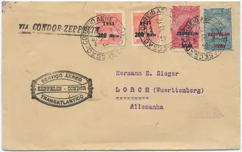 Zeppelin 1931 Brasilien 2. SAF Brief Zeppelin-Satzfrankatur Si 130 A/B / 2524