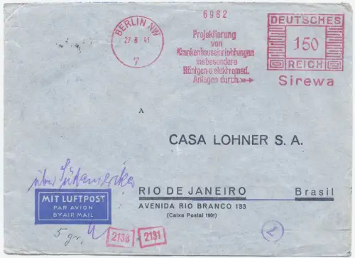 LATI 1940 Dt. Reich Brief 27.8.41 Freistempel Berlin Brasilien OKW Zensur / 2074