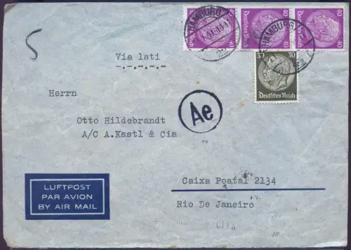 LATI 1941 Dt. Reich Brief 11.1.41 Hamburg Rio de Janeiro Zensur Ae FFM / 2075