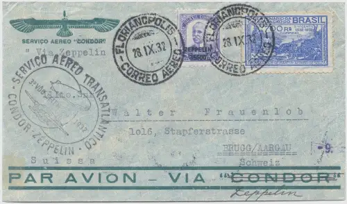 Zeppelin 1932 Brasilien 7. SAF Zeppelin-Frankatur Brugg Schweiz Si 184 / 2537