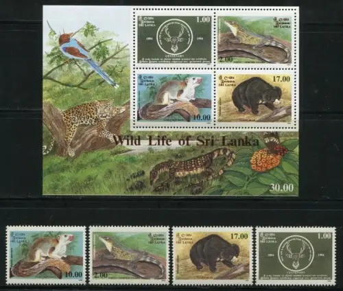 Sri Lanka 1994 Tiere Naturschutz Naturschutz Animals 1063-1066 Block 56 MNH
