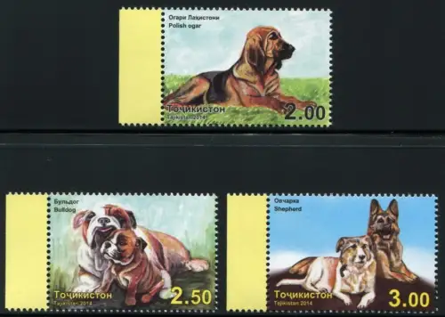 Tadschikistan Tajikistan 2014 Hunde Bulldogge Schäferhund Bracke 677-679 A MNH