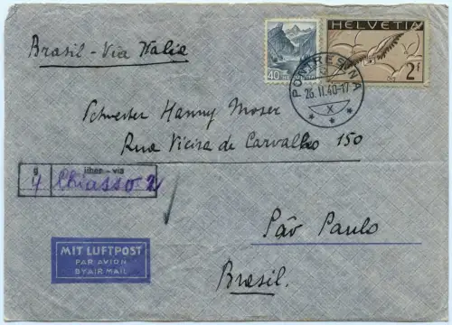 LATI 1940 Schweiz Brief Pontresina Chiasso Rom Sevilla Kap Verde Sao Paulo/ 2078