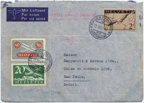 LATI 1941 Schweiz Brief Zürich Fraumünster Chiasso Rom Sevilla Sao Paulo / 2079