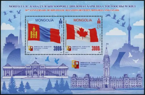 Mongolei 2023 Kanada Diplomatische Beziehungen Flaggen Parlamente Block MNH