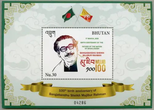 Bhutan 2020 Sheikh Mujibur Rahman Vater der Nation Bangladesh Flaggen Block MNH