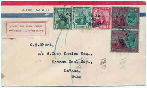 Trinidad 1930 FFC Erstflugbrief Nyrba Port of Spain Hawana Kuhbah / 1326