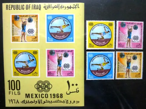 Irak Iraq 1969 Olympiade Mexico 1968 Olympics Gewichtheben 556-559 Block 16 MNH
