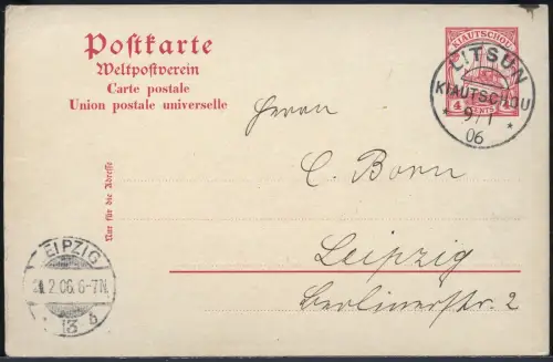 Kiautschou 1906 PK P 6 Litsun 9.1.06 Leipzig Ankunftsstempel Kurzmitteilung/327