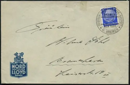 Dt. Reich 1934 Dampfer Bremen NDL-Brief Schiffspostaufgabe Bremerhaven /664