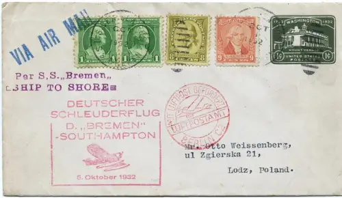 Katapult 1932 USA Brief US Seepost Southampton Lodz Polen Catapult H 112 b/1994