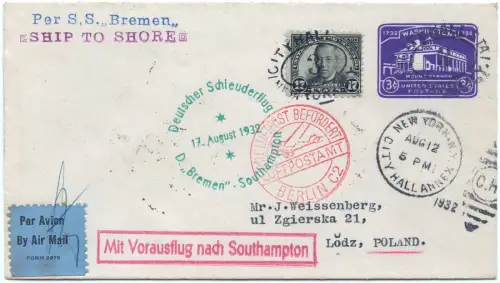 Katapult 1932 USA New York Southampton Lodz Polen Brief Catapult H 88 a / 1992