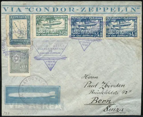 Zeppelin Paraguay 1933 8. SAF Reko-Brief Sapucai Bern Schweiz Si 237 / 1431