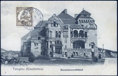 Kiautschou 1908 AK Gouverneurswohnhaus Tsingtau 21.9.08 Text französisch / 357