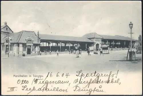Kiautschou 1904 AK Markthallen Tsingtau 25.6.04 Vadstena Schweden Aku-Stpl / 360