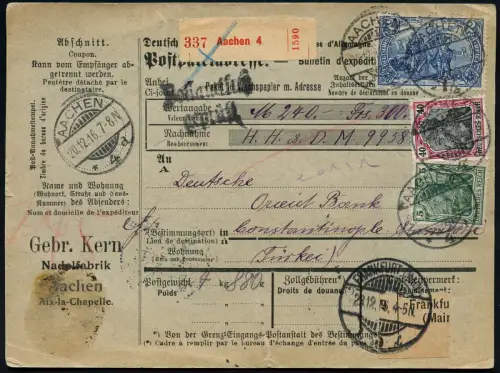 Dt. Militärmission Türkei 1916 Paketkarte Wert 240 RM an Orientbank Stamboul/ 42