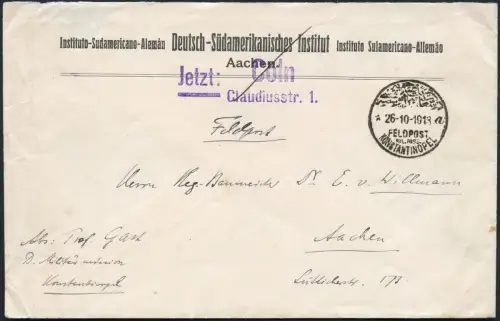 Dt. Militärmission Türkei 1918 Feldpost "Konstantinopel a" 26/10 Prof. Gast / 22
