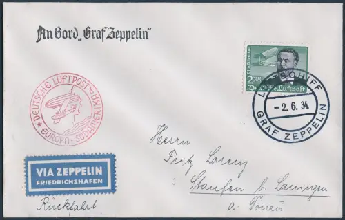 Zeppelin Dt. Reich 1934 1. SAF Bordpost Rückfahrt EF 2 RM Staufen Si 247 D/ 1870