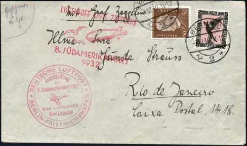 Zeppelin Dt. Reich 1932 8. SAF Zuleitung Berlin Rio de Janeiro Si 189 B / 1388