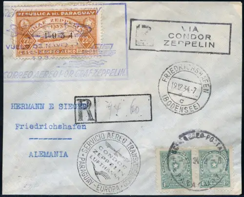 Zeppelin Paraguay 1934 12. SAF Reko-Brief MiF nach Deutschland Si 288 / 1439