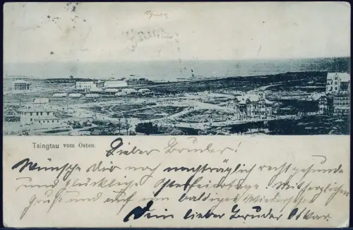 Kiautschou 1901 AK Tsingtau von Osten 16.4.01 Schlettwein Pößneck Aku-Stpl / 370