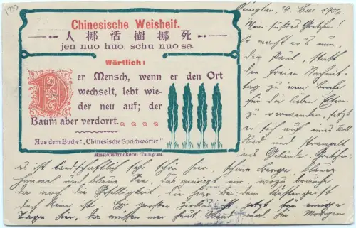 Kiautschou 1906 AK Chinesische Weisheit Tsingtau 19.5.06 Kiel Aku-Stempel / 374