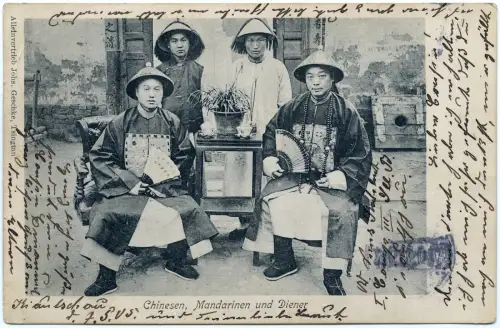 Kiautschou 1905 AK Mandarine + Diener Bahnpost Tsingtau- Tsinanfu Cöln / 179