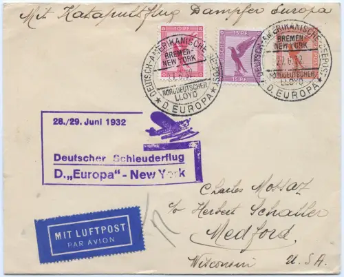Katapult 1932 Dt. Reich Brief Seepost Europa Medford USA Catapult H 89 b / 1171