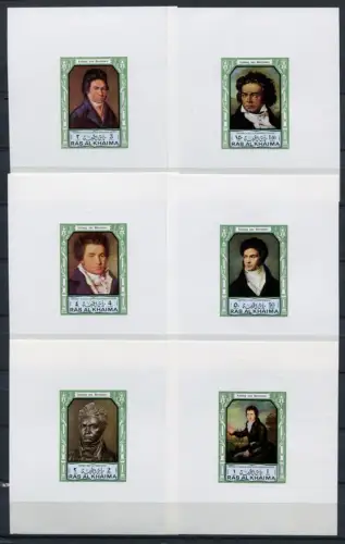 Ras Al-Khaima 1972 Beethoven Musik Music Gemälde 635-40 Einzelblocks MNH