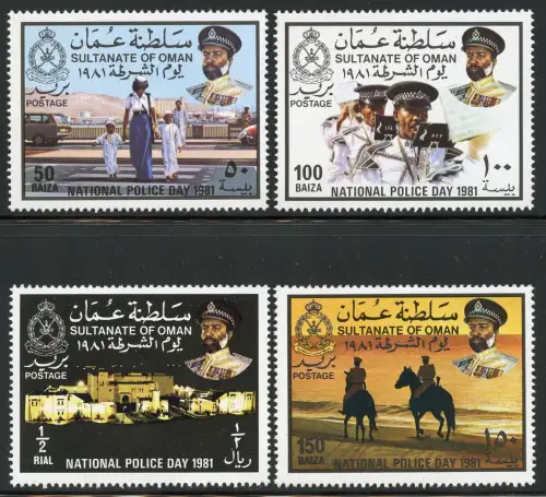 Oman 1981 Tag der Polizei Polizistin Musikkapelle Reiter Pferde 208-211 MNH