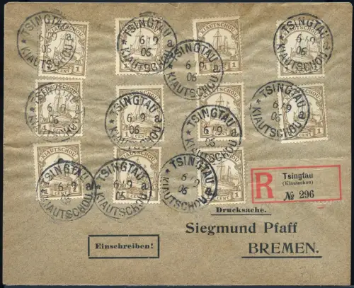 Kiautschou 1906 Reko-Brief Tsingtau 6.9.06 1 Cent 11x Bremen Aku-Stempel / 389